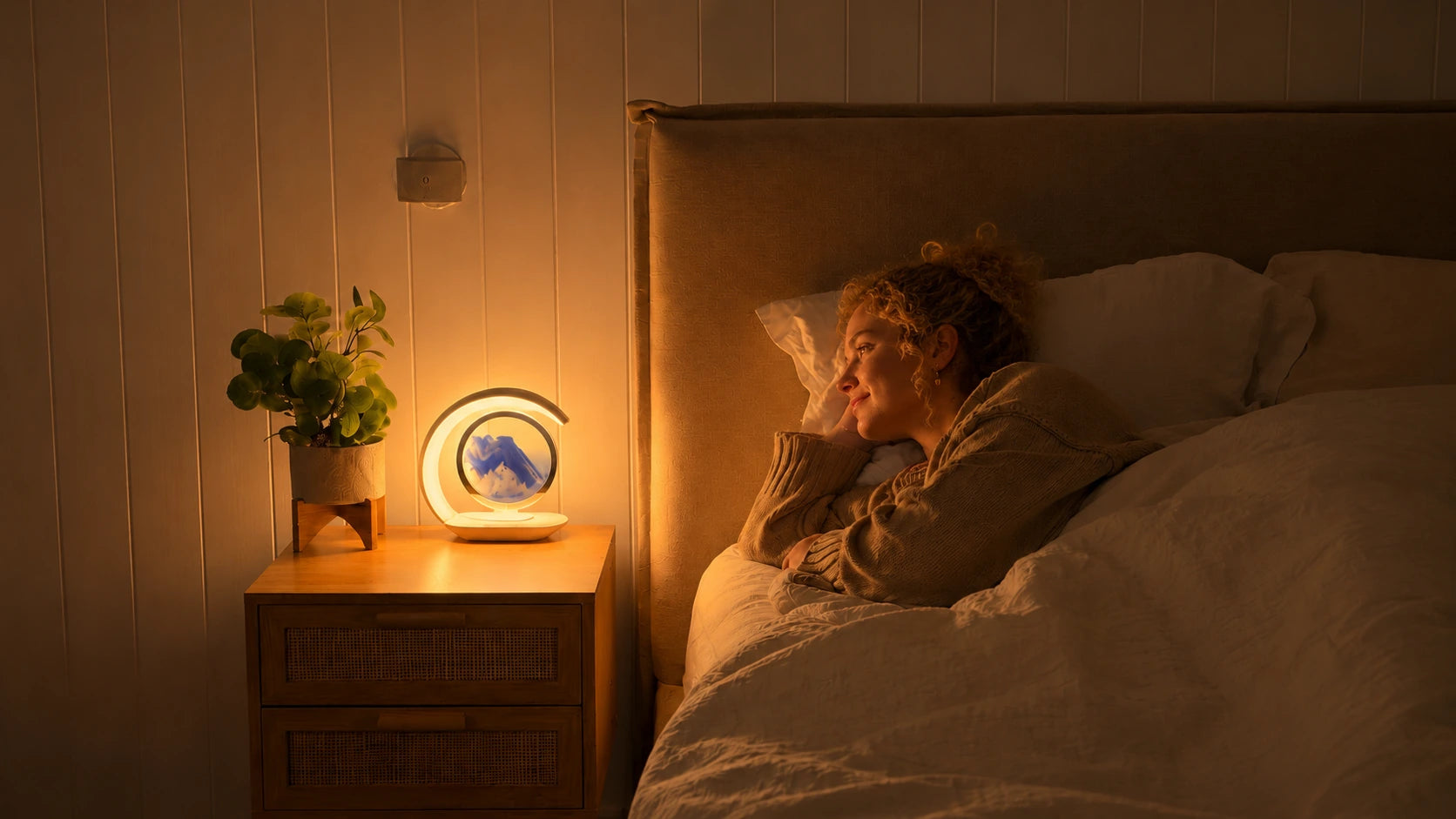 Lumavoa blue moving sand bedside lamp glowing beside a bed at night.