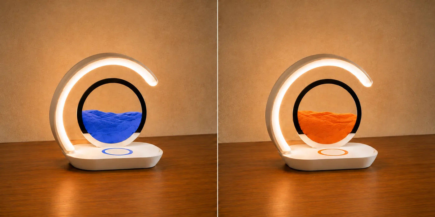 Blue Lumavoa moving sand lamp on a bedside table