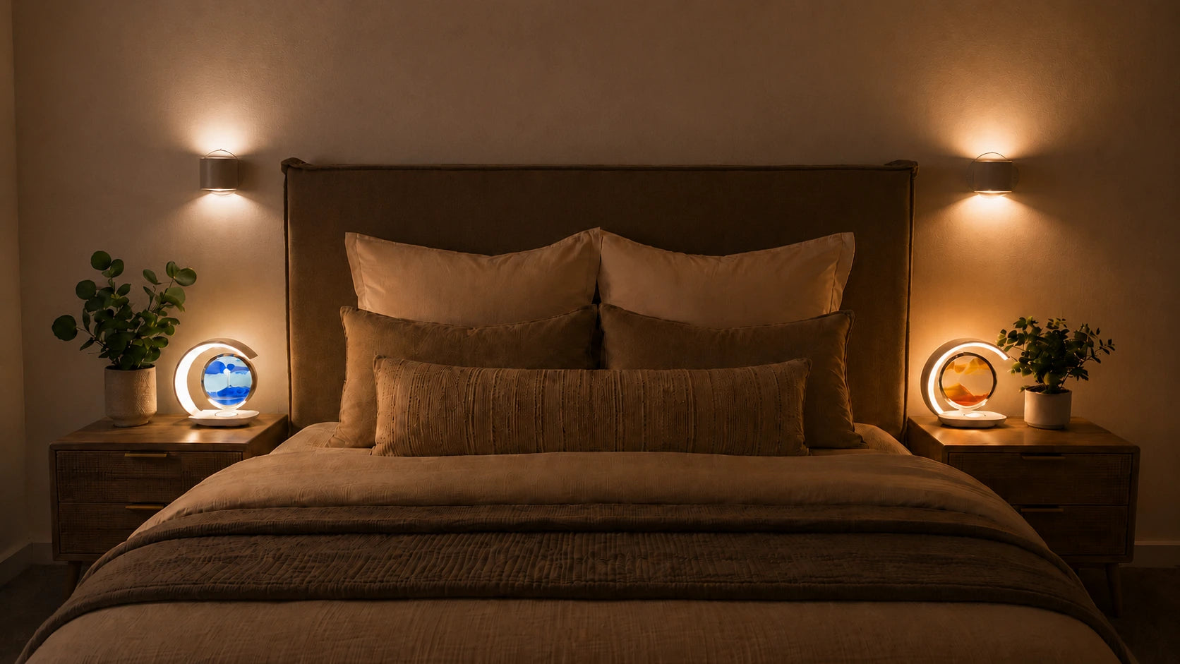 Blue and Orange Lumavoa lamps styled on matching bedside tables in a warm bedroom